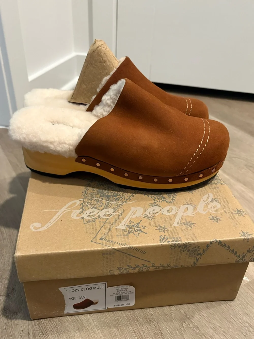 Free People Cozy Tan Suede Shearling Clogs